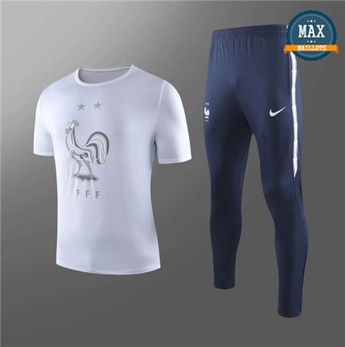 Maillot + Pantalon France 2019/20 Training Blanc/Noir Col Rond