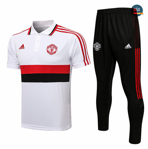 Max Maillot Foot Polo Manchester United + Pantalon 2021/22 Training Blanc/Noir/Rouge