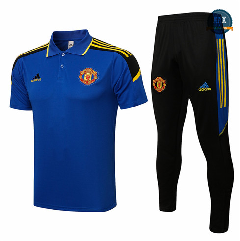 Max Maillot POLO Manchester United + Pantalon 2021/22 Training champions league Bleu/Jaune