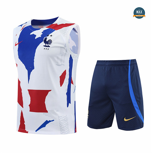 Max Maillots France Debardeur + Shorts 2022/23 Training de Foot Blanc/Bleu Marine M8501