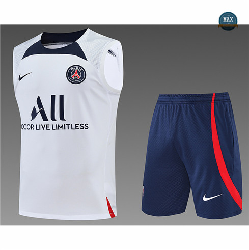 Max Maillots Paris PSG Debardeur + Shorts 2022/23 Training de Foot Blanc/Bleu Marine M8457