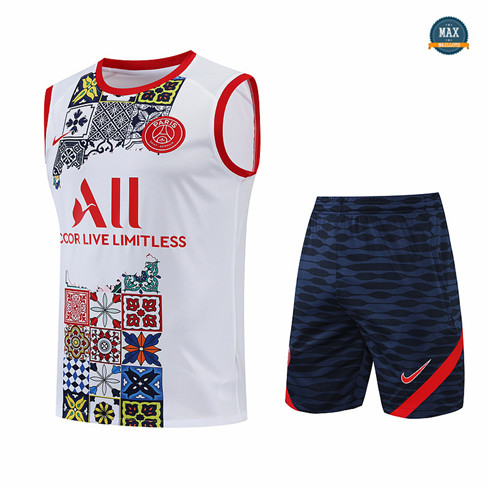 Max Maillots Paris PSG Debardeur + Shorts 2022/23 Training de Foot Blanc/Bleu Marine M8466