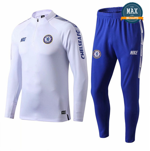 Survetement Chelsea 2019/20 Blanc Bleu Col Rond